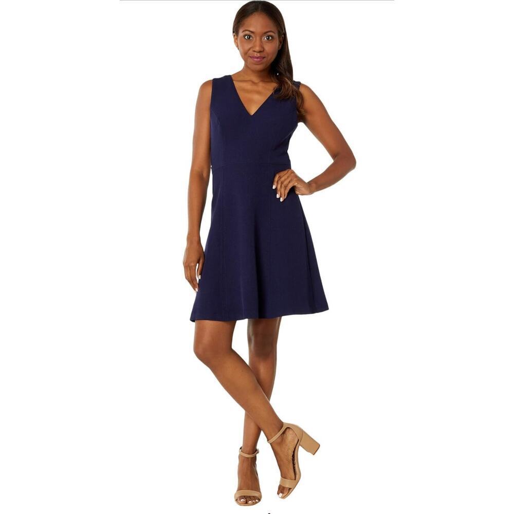 Vince Camuto Pixie Crepe V-Neck Fit-and-Flare with Self Belt at Back Waist Sz 8